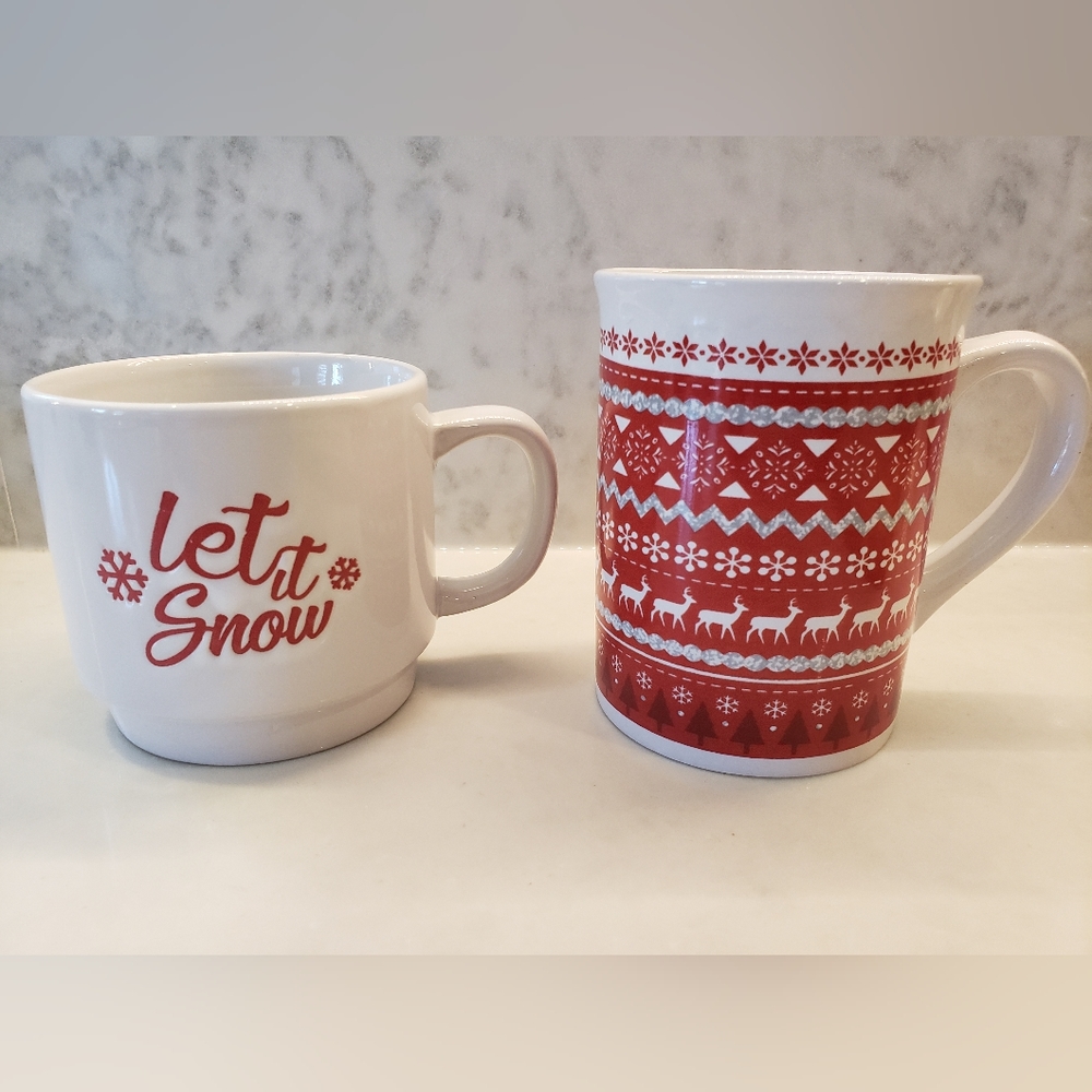 Christmas mugs, Let it snow and deer designs, red and white coffee mug and tea